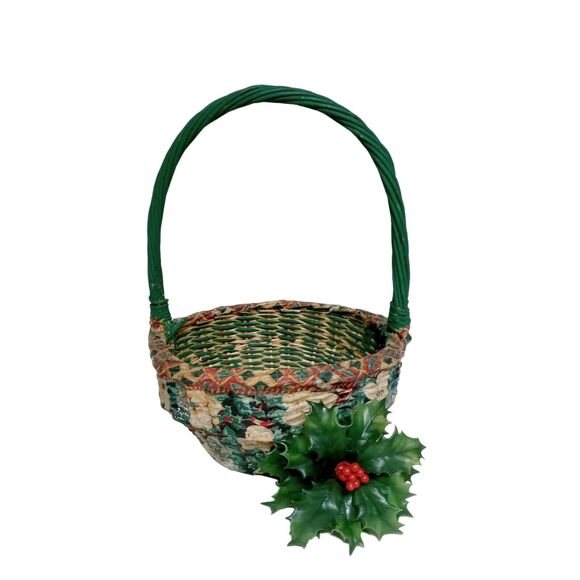 🎄🧺1980s Decoupage Wicker Basket Floral Red Green White Vintage Decor 💐 - Picture 16 of 16